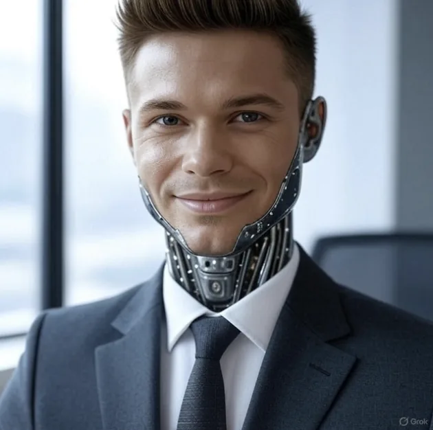 Porträt eines digitalen Mitarbeiters mit dezent sichtbarer mechanischer Halspartie