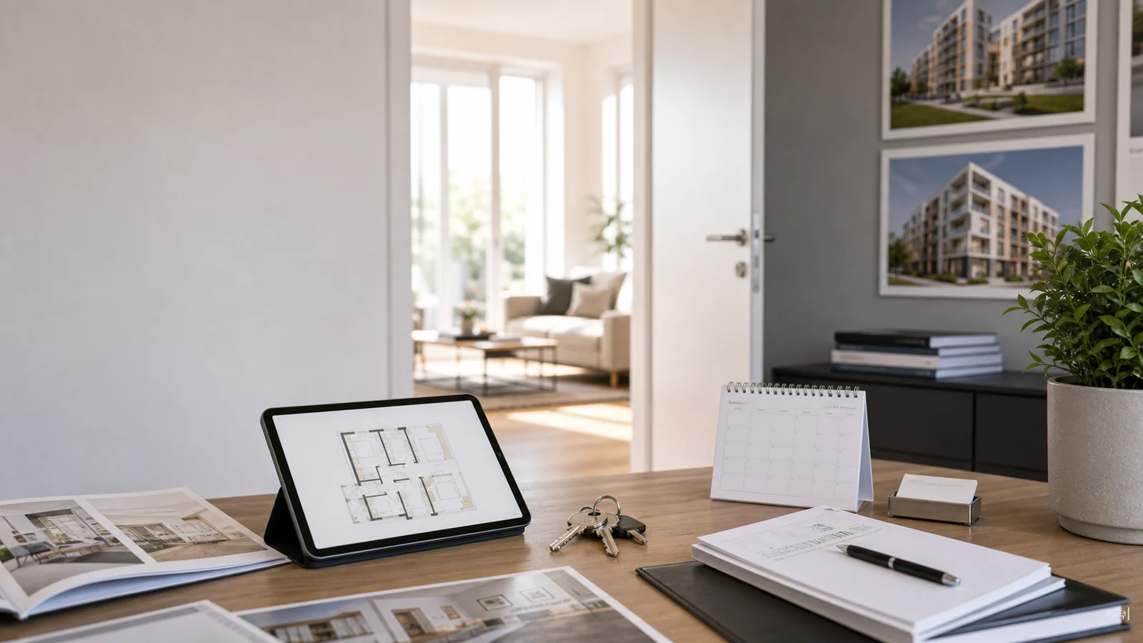 Immobilienmakler-Arbeitsplatz mit Schlüssel, Exposé, Tablet und heller Wohnung für Besichtigungsvorbereitung