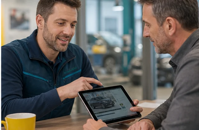 Serviceberater bespricht einen vorbereiteten Reparatur- oder Freigabefall am Tablet