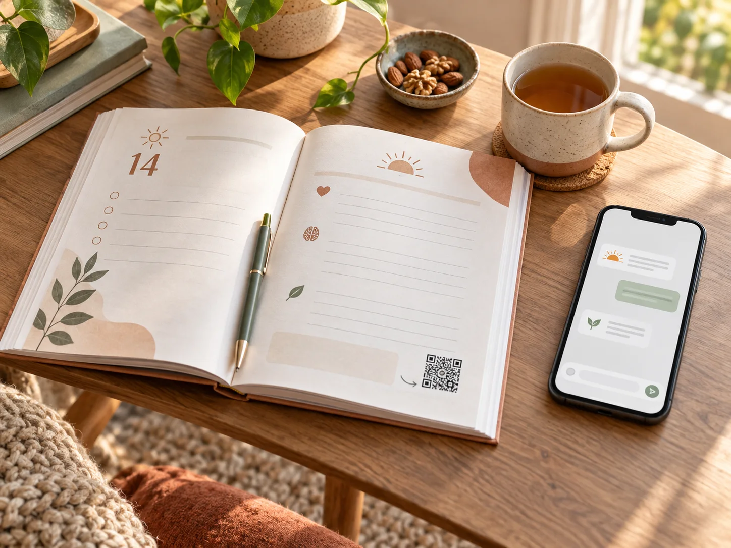 Offenes Workbook mit Smartphone und stabilem QR-Einstieg in Leadmagnet, Abstimmung oder begleitetes Programm