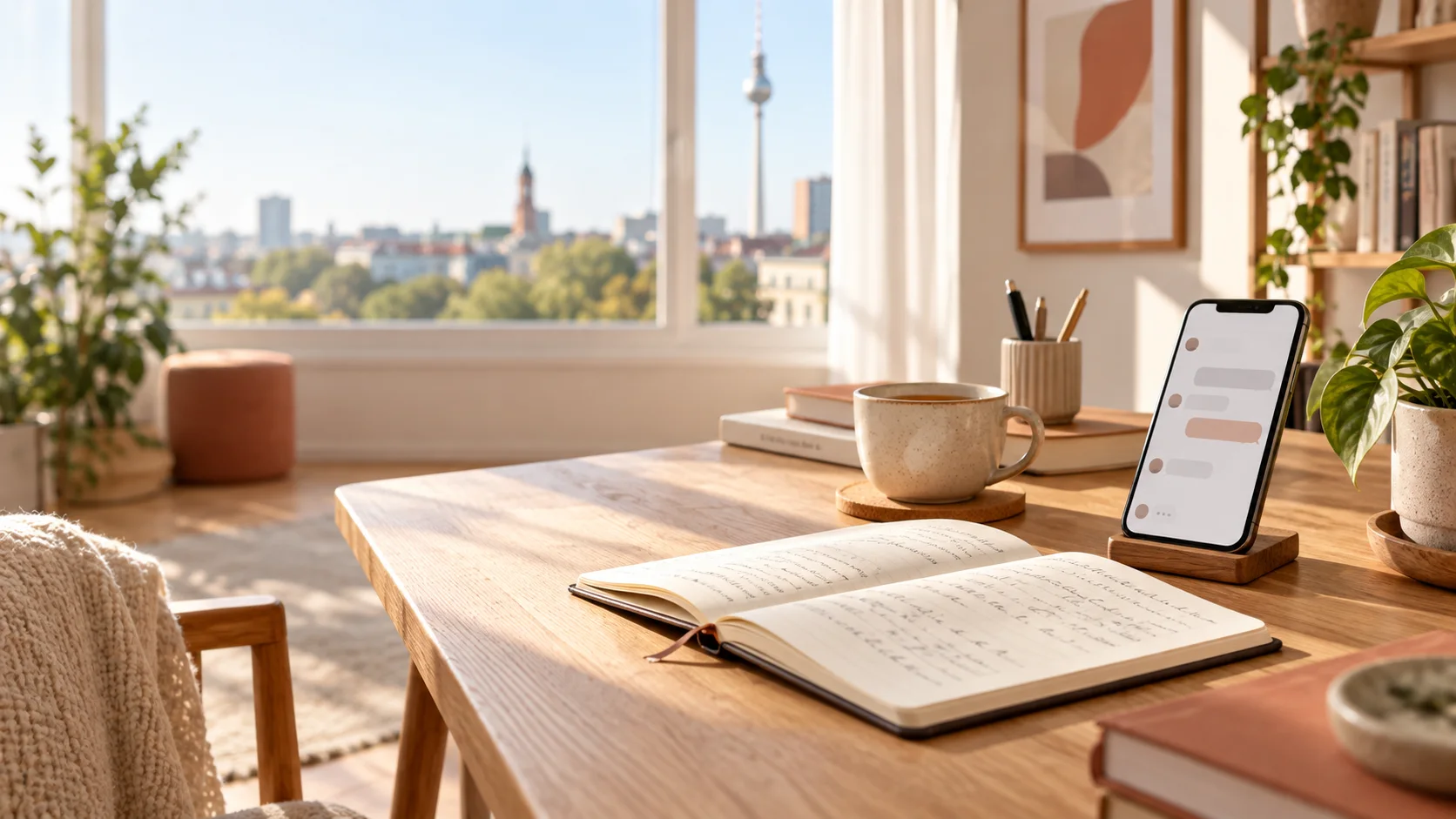 Heller Coaching-Arbeitsplatz mit Journal und Smartphone als Verbindung von Inhalt, Social-Einstieg und begleiteter Community-Reise