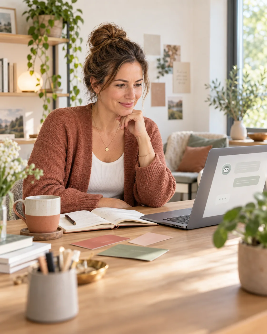 Konfigurationsmotiv einer professionellen Mentorin am Schreibtisch mit digitalem Assistenten