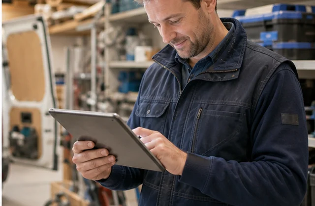 Handwerker prüft auf dem Tablet eine vorbereitete Übergabe für den nächsten Einsatz