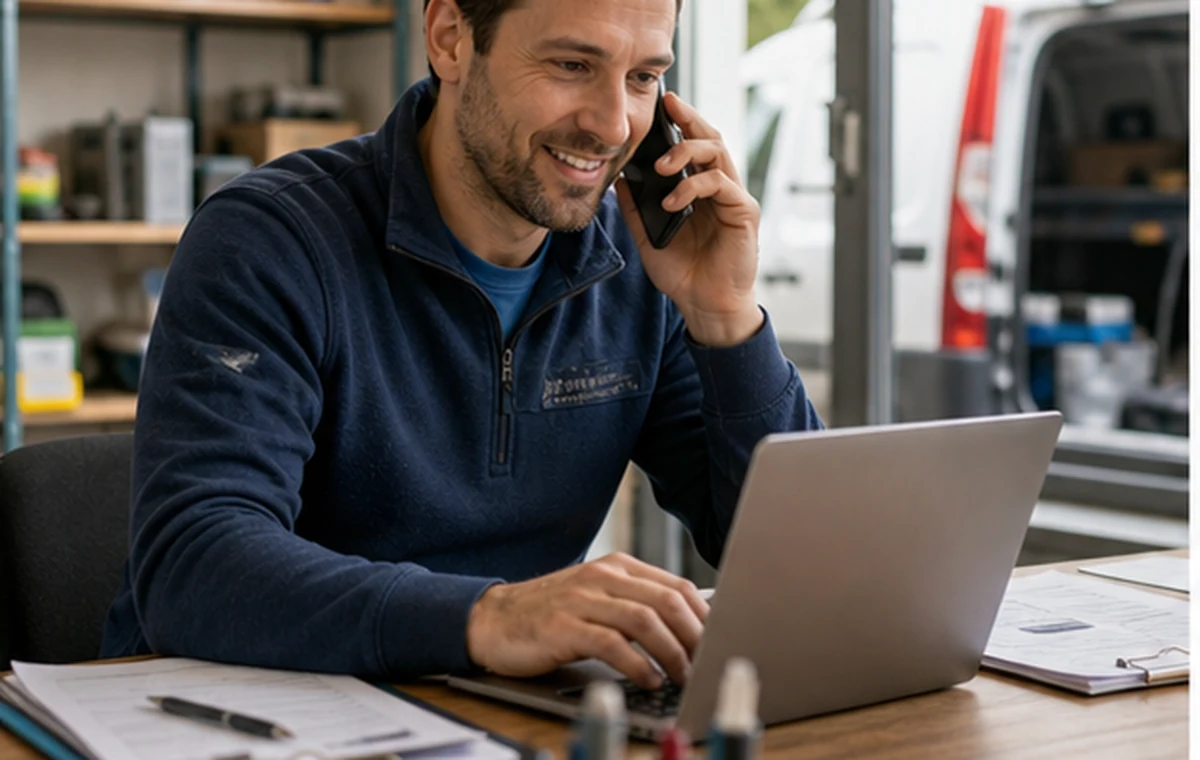 Handwerksbüro mit Serviceannahme, Laptop, Telefon und Werkstatt im Hintergrund