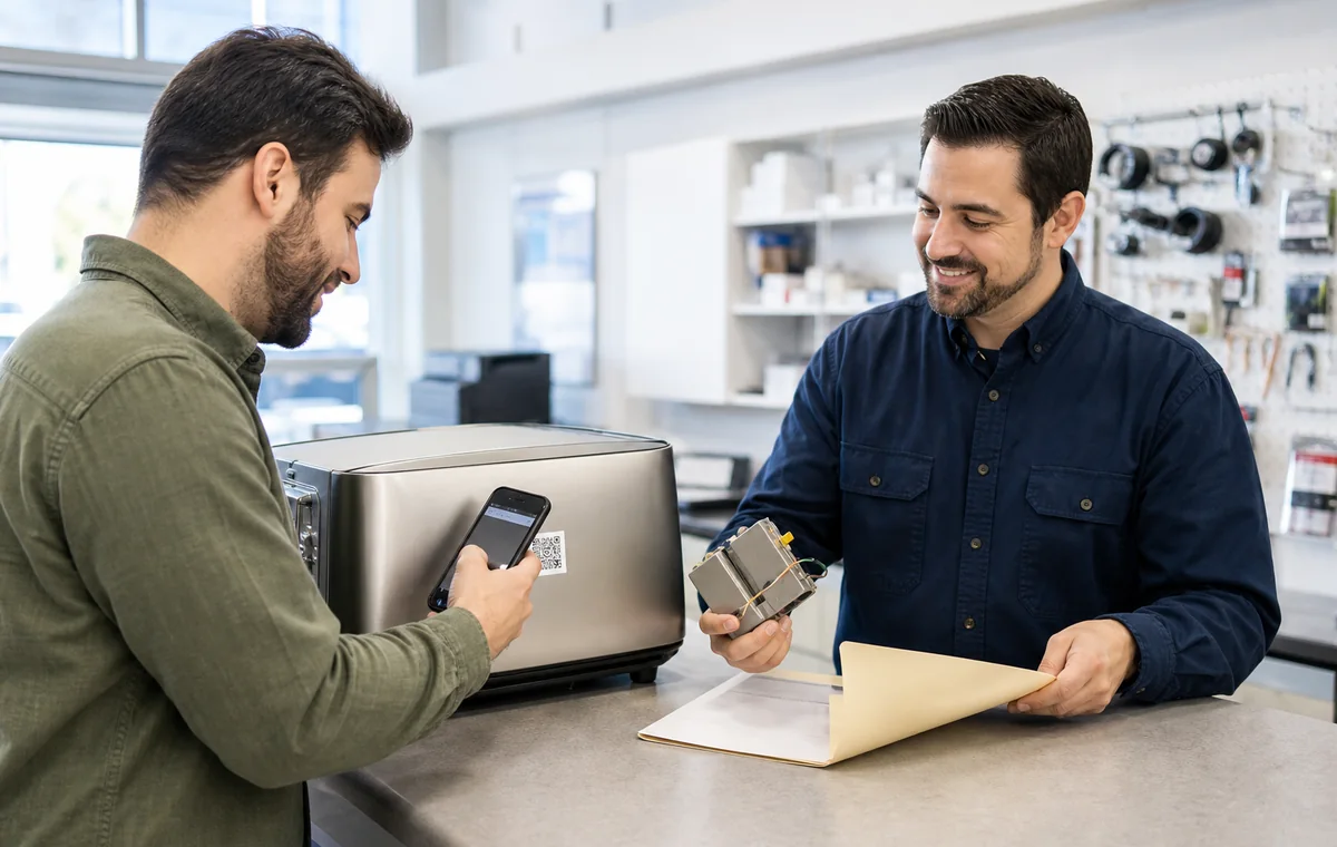 QR-Code am Produkt mit Smartphone, Modellnummer, Ersatzteilfrage und Supportnotiz
