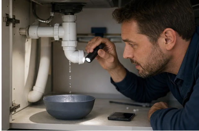 Wasser tropft unter einer Spüle und wird per Smartphone-Foto für den Sanitärbetrieb dokumentiert
