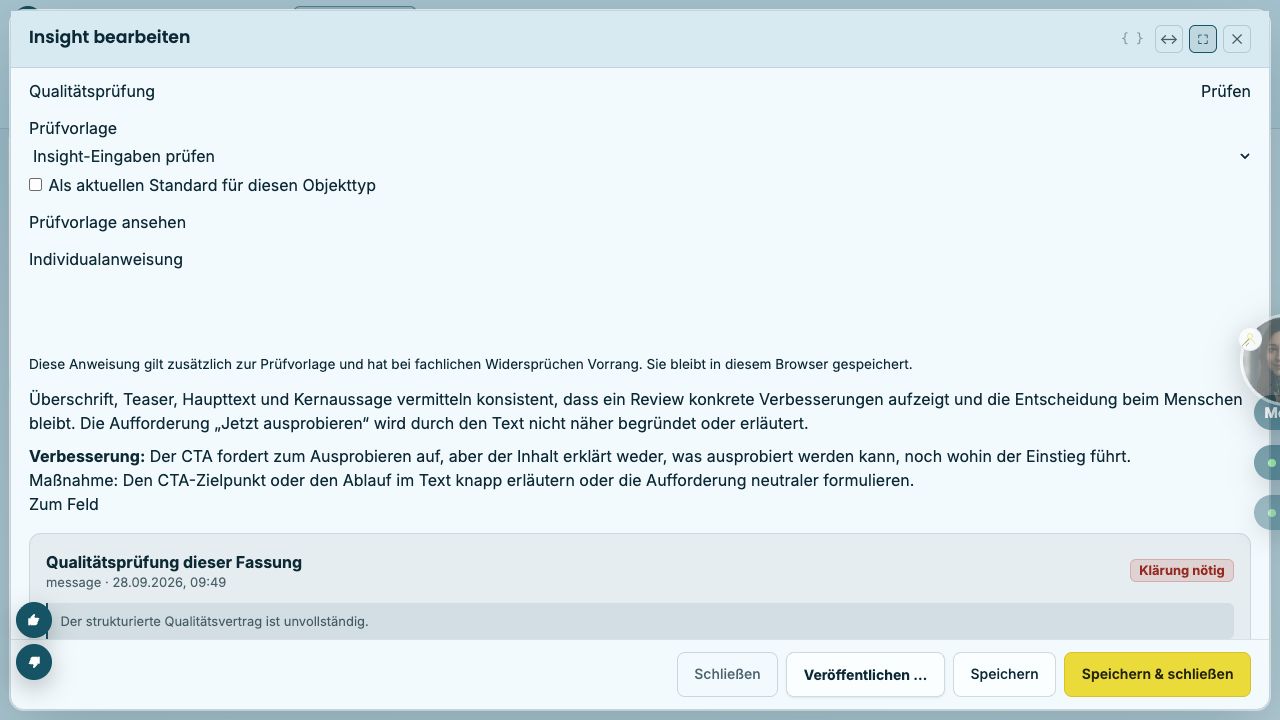 Qualitätsprüfung eines anonymen Insight-Entwurfs mit Prüfvorlage, Verbesserung und Feldsprung