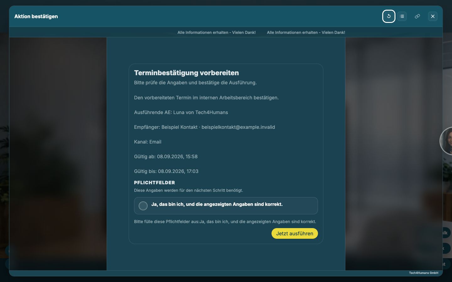 Desktop-Ansicht eines persönlichen Managed-Job-Aktionslinks mit mittigem Bestätigungsformular und abgedunkelten Seitenbereichen.
