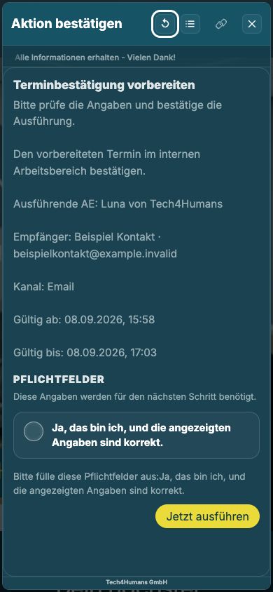 Mobile einspaltige Ansicht eines persönlichen Managed-Job-Aktionslinks mit Pflichtbestätigung und Ausführen-Schaltfläche.