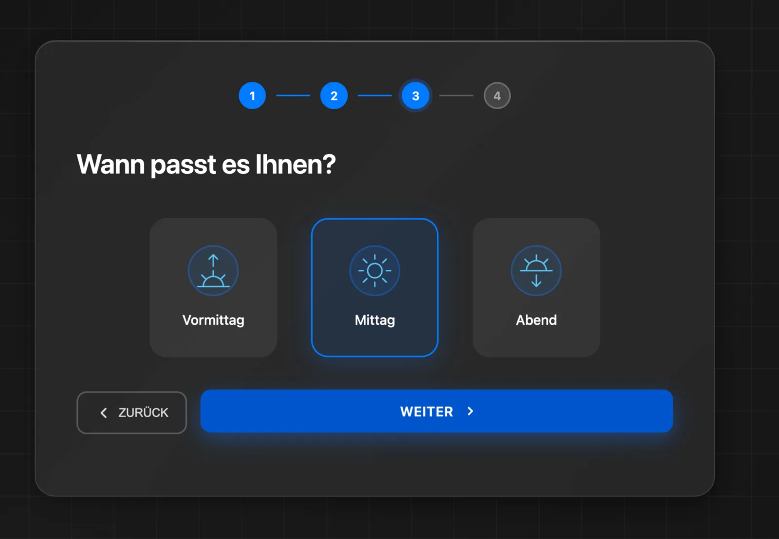 Screenshot: Auswahl der Zeitpräferenz Vormittag, Mittag oder Abend mit Fortschrittsanzeige