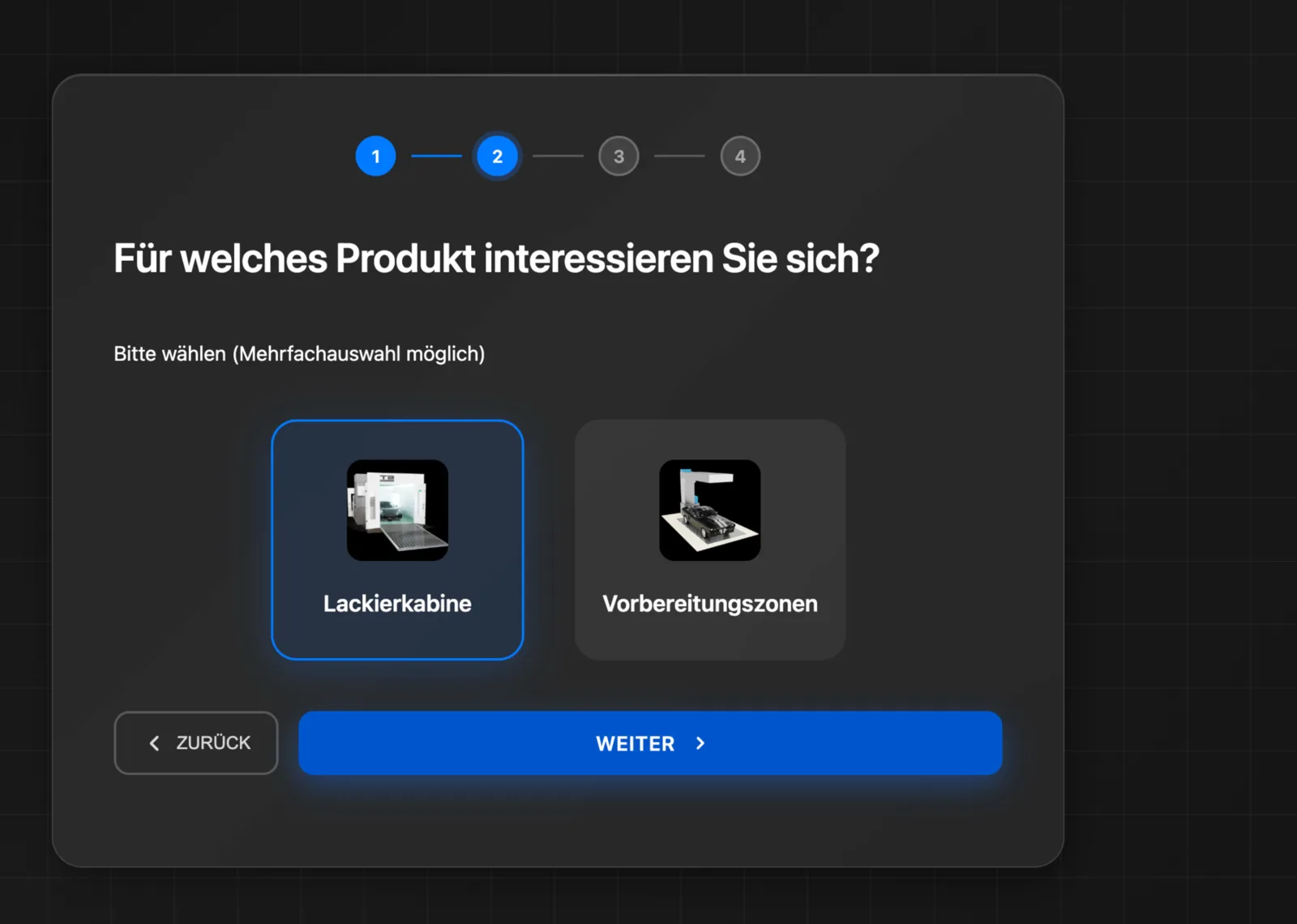 Screenshot: erster Funnel-Schritt mit Auswahl des Themas oder Produkts per Mehrfachauswahl